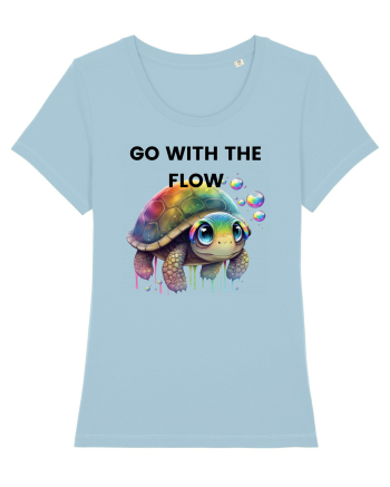 Broasca testoasa pictata in acuarela cu mesajul  Go with the Flow Sky Blue
