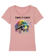 Broasca testoasa pictata in acuarela cu mesajul  Take it Easy Tricou mânecă scurtă guler larg fitted Damă Expresser