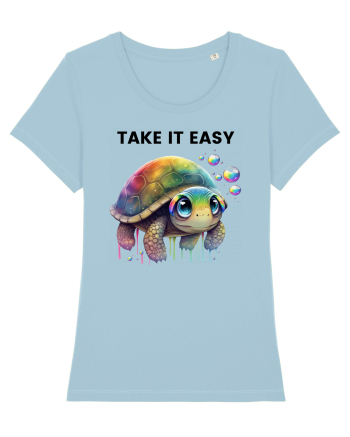 Broasca testoasa pictata in acuarela cu mesajul  Take it Easy Sky Blue