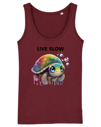 Broasca testoasa pictata in acuarela cu mesajul Live Slow Burgundy
