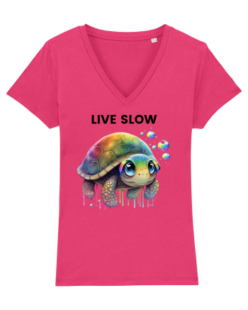 Broasca testoasa pictata in acuarela cu mesajul Live Slow Raspberry