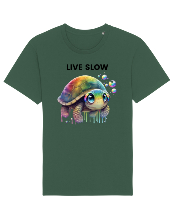Broasca testoasa pictata in acuarela cu mesajul Live Slow Bottle Green