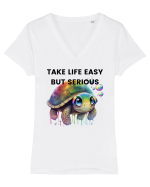 Broasca testoasa pictata in acuarela cu mesajul Take Life Easy but Serious Tricou mânecă scurtă guler V Damă Evoker