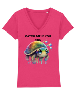 Broasca testoasa pictata in acuarela cu mesajul Catch Me If You Can Tricou mânecă scurtă guler V Damă Evoker