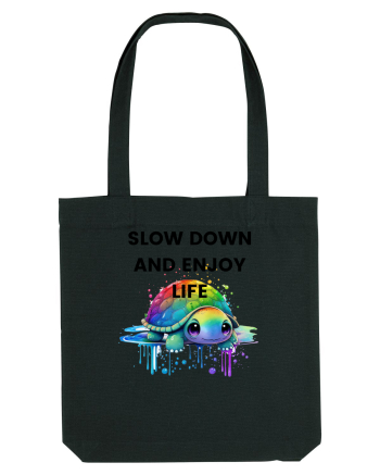 Broasca testoasa pictata in acuarela cu mesajul  Slow Down and Enjoy Life Black