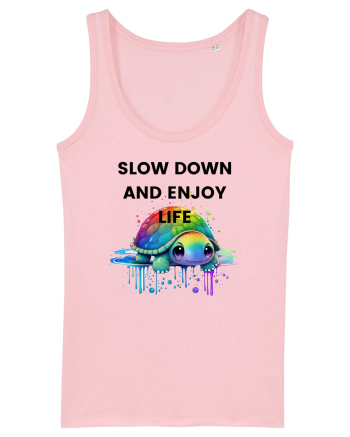 Broasca testoasa pictata in acuarela cu mesajul  Slow Down and Enjoy Life Cotton Pink