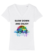 Broasca testoasa pictata in acuarela cu mesajul  Slow Down and Enjoy Life Tricou mânecă scurtă guler V Damă Evoker