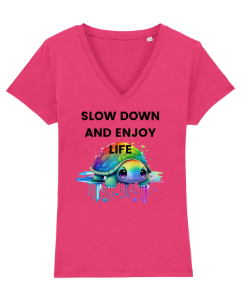 Broasca testoasa pictata in acuarela cu mesajul  Slow Down and Enjoy Life Raspberry