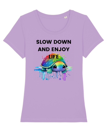 Broasca testoasa pictata in acuarela cu mesajul  Slow Down and Enjoy Life Lavender Dawn