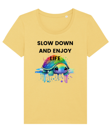 Broasca testoasa pictata in acuarela cu mesajul  Slow Down and Enjoy Life Jojoba
