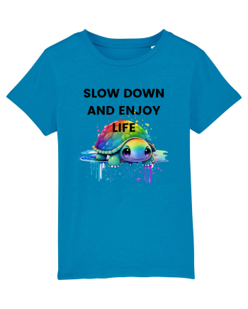 Broasca testoasa pictata in acuarela cu mesajul  Slow Down and Enjoy Life Azur