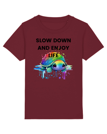 Broasca testoasa pictata in acuarela cu mesajul  Slow Down and Enjoy Life Burgundy
