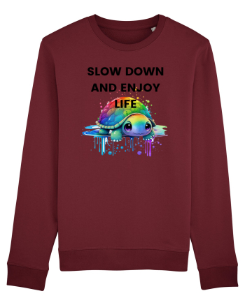 Broasca testoasa pictata in acuarela cu mesajul  Slow Down and Enjoy Life Burgundy