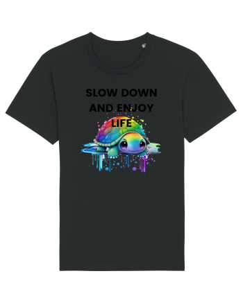Broasca testoasa pictata in acuarela cu mesajul  Slow Down and Enjoy Life Black