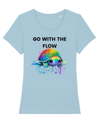 Broasca testoasa pictata in acuarela cu mesajul  Go with the Flow Sky Blue
