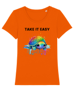Broasca testoasa pictata in acuarela cu mesajul  Take it Easy Tricou mânecă scurtă guler larg fitted Damă Expresser