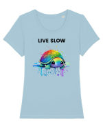 Broasca testoasa pictata in acuarela cu mesajul Live Slow Tricou mânecă scurtă guler larg fitted Damă Expresser