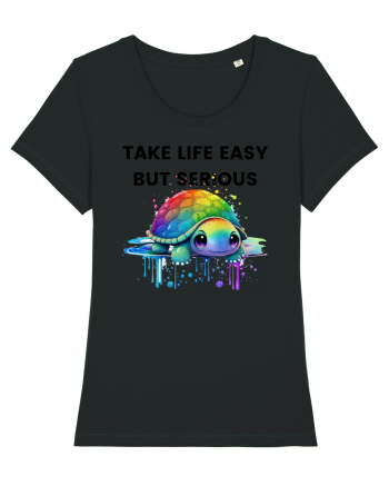 Broasca testoasa pictata in acuarela cu mesajul Take Life Easy but Serious Black
