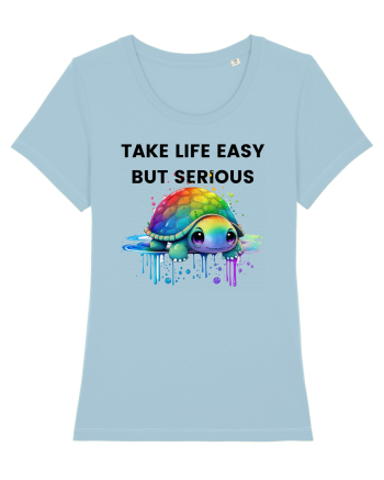 Broasca testoasa pictata in acuarela cu mesajul Take Life Easy but Serious Sky Blue