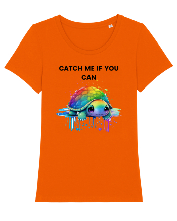 Broasca testoasa pictata in acuarela cu mesajul Catch Me If You Can Bright Orange