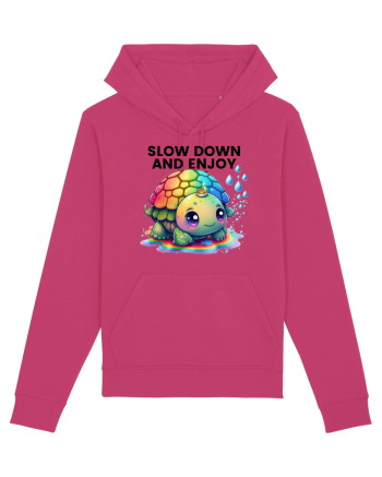 Broasca testoasa pictata in acuarela cu mesajul  Slow Down and Enjoy Life Raspberry