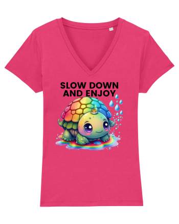 Broasca testoasa pictata in acuarela cu mesajul  Slow Down and Enjoy Life Raspberry