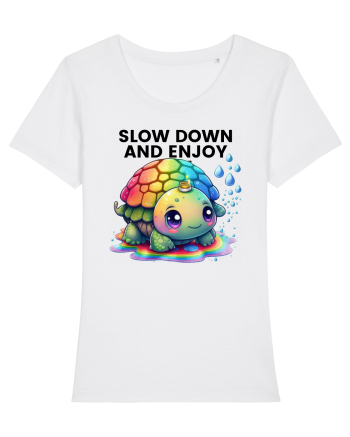 Broasca testoasa pictata in acuarela cu mesajul  Slow Down and Enjoy Life White
