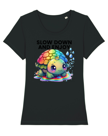 Broasca testoasa pictata in acuarela cu mesajul  Slow Down and Enjoy Life Black