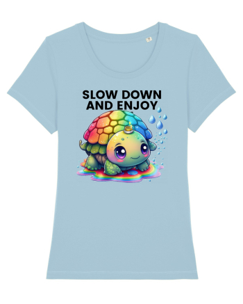 Broasca testoasa pictata in acuarela cu mesajul  Slow Down and Enjoy Life Sky Blue