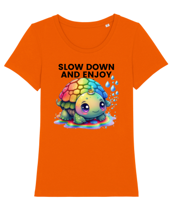Broasca testoasa pictata in acuarela cu mesajul  Slow Down and Enjoy Life Bright Orange