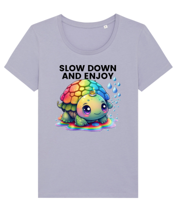Broasca testoasa pictata in acuarela cu mesajul  Slow Down and Enjoy Life Lavender