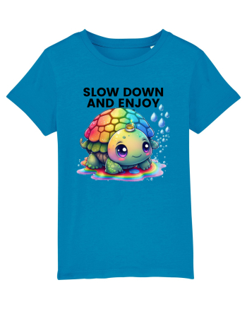 Broasca testoasa pictata in acuarela cu mesajul  Slow Down and Enjoy Life Azur
