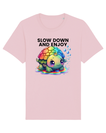 Broasca testoasa pictata in acuarela cu mesajul  Slow Down and Enjoy Life Cotton Pink