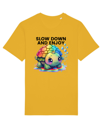 Broasca testoasa pictata in acuarela cu mesajul  Slow Down and Enjoy Life Spectra Yellow