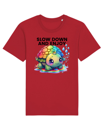 Broasca testoasa pictata in acuarela cu mesajul  Slow Down and Enjoy Life Red