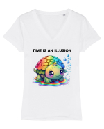 Broasca testoasa pictata in acuarela cu mesajul  Time is an Illusion Tricou mânecă scurtă guler V Damă Evoker