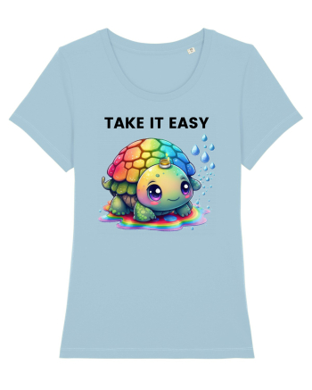 Broasca testoasa pictata in acuarela cu mesajul  Take it Easy Sky Blue