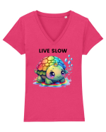 Broasca testoasa pictata in acuarela cu mesajul Live Slow Tricou mânecă scurtă guler V Damă Evoker