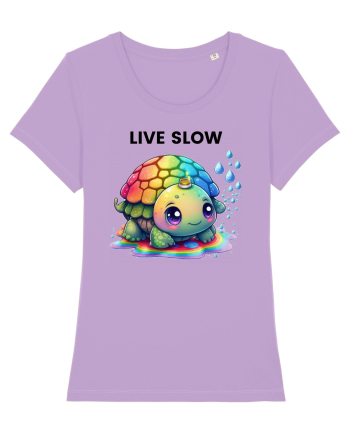Broasca testoasa pictata in acuarela cu mesajul Live Slow Lavender Dawn