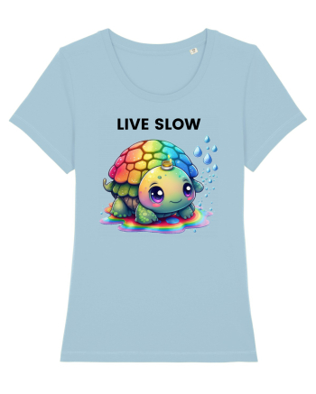 Broasca testoasa pictata in acuarela cu mesajul Live Slow Sky Blue