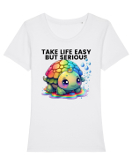 Broasca testoasa pictata in acuarela cu mesajul Take Life Easy but Serious Tricou mânecă scurtă guler larg fitted Damă Expresser