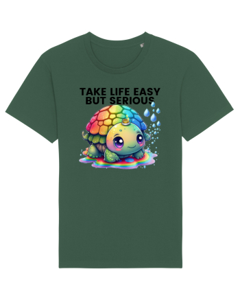 Broasca testoasa pictata in acuarela cu mesajul Take Life Easy but Serious Bottle Green