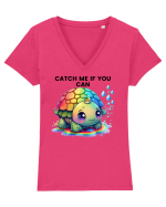 Broasca testoasa pictata in acuarela cu mesajul Catch Me If You Can Tricou mânecă scurtă guler V Damă Evoker
