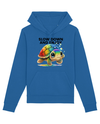 Broasca testoasa pictata in acuarela cu mesajul  Slow Down and Enjoy Life Royal Blue