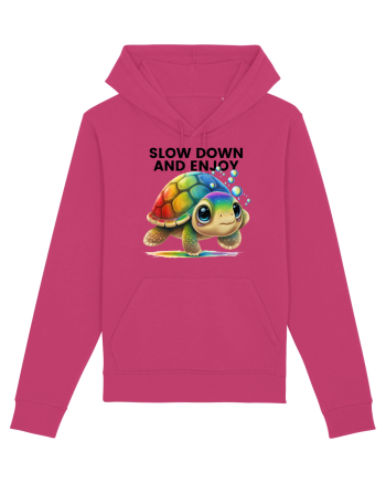 Broasca testoasa pictata in acuarela cu mesajul  Slow Down and Enjoy Life Raspberry