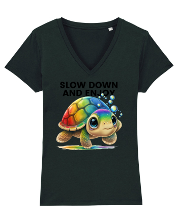 Broasca testoasa pictata in acuarela cu mesajul  Slow Down and Enjoy Life Black