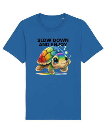 Broasca testoasa pictata in acuarela cu mesajul  Slow Down and Enjoy Life Royal Blue