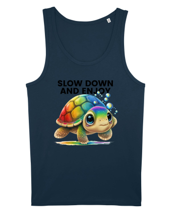 Broasca testoasa pictata in acuarela cu mesajul  Slow Down and Enjoy Life Navy