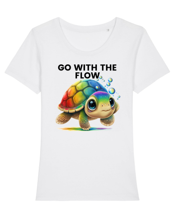 Broasca testoasa pictata in acuarela cu mesajul  Go with the Flow White