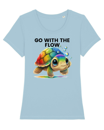 Broasca testoasa pictata in acuarela cu mesajul  Go with the Flow Sky Blue